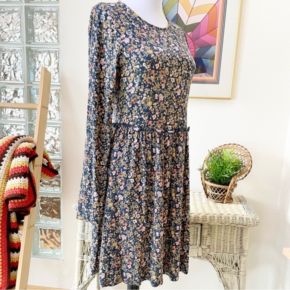 Rewind Retro 90s Navy Blue Knit Ditzy Floral Mini Dress M Grunge Cottage Core - Picture 4 of 5